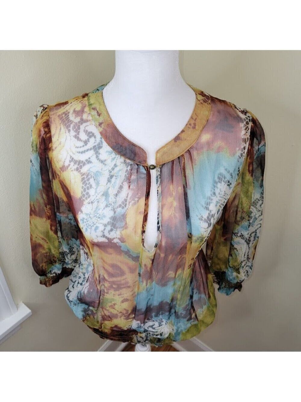 Everest Apparel 100% Silk Blouse Sheer Multicolored Elastic Waist Top Women SZ S - Picture 3 of 14